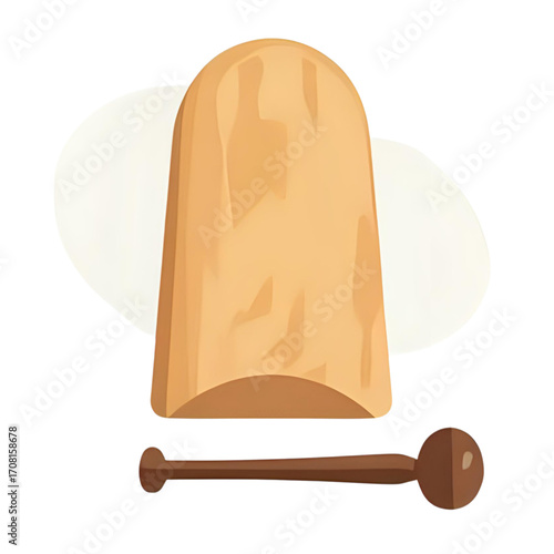 Wooden mallet and block, likely for percussion instrument or craft.