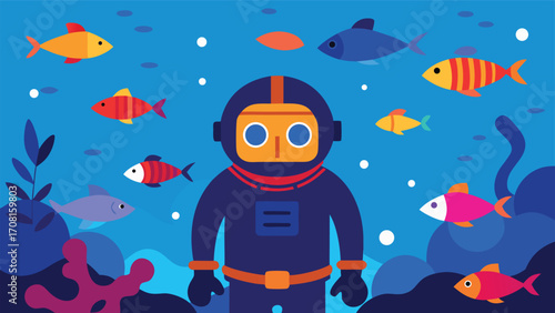 Deep sea diver exploring sunken shipwreck with colorful fish and underwater scenery