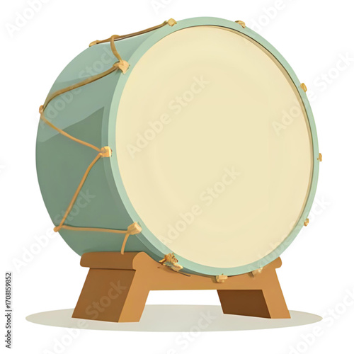 A large, light-green drum rests on a simple wooden stand, ready for playing.