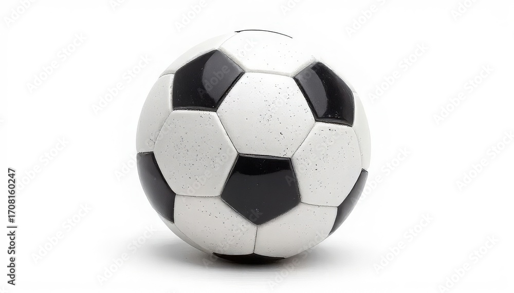 Naklejka premium A classic black and white soccer ball with a hexagonal pattern. The ball is round and designed for outdoor sports activities.