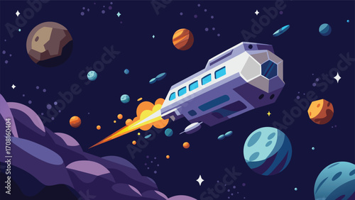 Futuristic deep space exploration vessel vector illustration soaring through cosmic nebula and planets