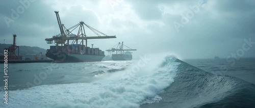 Massive tsunami waves inundating shipping port terminal cranes submerged container stacks turmoil engulfing harbor facilities under stormy gray skies in  Photo Stock  Concept  and empty space on the l