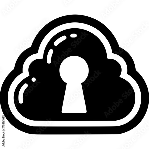 Cloud Data Security Symbol: A bold, minimalist illustration of a cloud silhouette intertwined with a keyhole, symbolizing data security and safeguarding digital information.