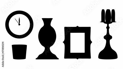 Silhouette of clock, glass, vase, frame, and candlestick arranged in a row on a white background