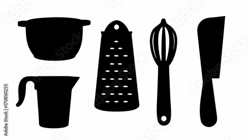 Silhouette illustration of kitchen utensils including a pot grater whisk and knife in black and white