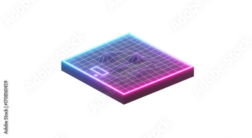 A vibrant isometric grid featuring abstract geometric shapes illuminated by glowing blue and pink neon lights, representing digital landscapes or technological concepts.