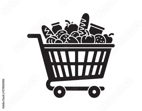 Shopping cart symbol. A complete basket filled with groceries. Concept of a special deal or discount. Mobile retail shop or supermarket. E-commerce shopping.
