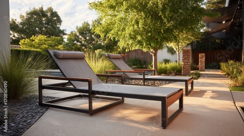 Two modern outdoor lounge chairs on a light-colored patio.