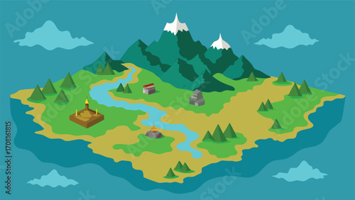 Fantasy world map vector illustration island mountains river forest and clouds scalable eps
