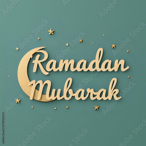 Elegant Ramadan Mubarak greeting with crescent moon and stars.