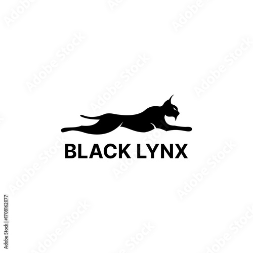 A sleek black silhouette of a lynx, leaping forward with grace and power above bold, capitalized text on a clean white background.
