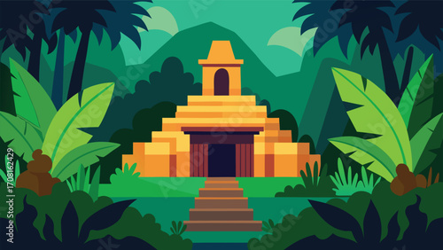 Ancient golden temple hidden deep within lush tropical jungle forest vector illustration