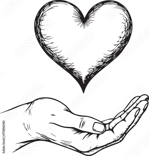 Hand Holding the Heart: A drawing-style depiction of a hand cradling a heart, evoking themes of love, compassion, and care.