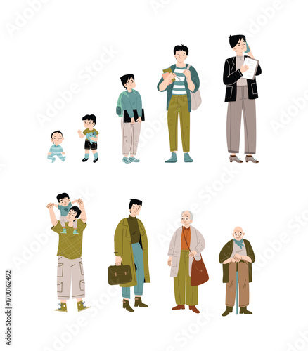 Asian man lifespan cycle from infant age to old Vector