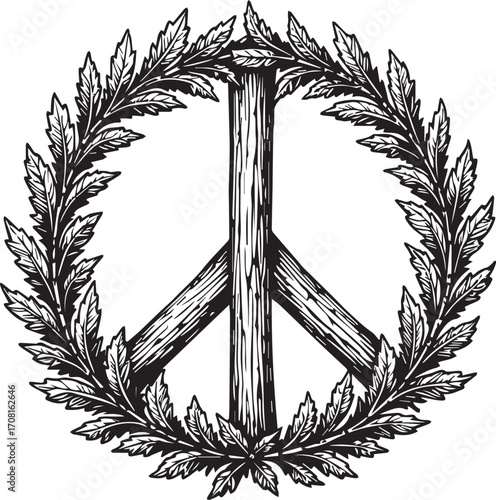 Peace Symbol with Foliage: The iconic peace symbol, encircled by an intricate wreath of leaves, is a powerful statement of tranquility and harmony in the form of an artful illustration.