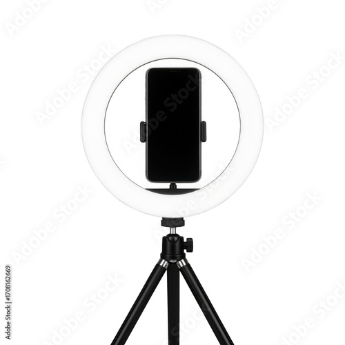 Professional ring light setup with smartphone holder and tripod for content creation photography videography