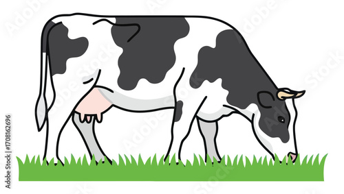 Simple graphic illustration of a black and white dairy cow peacefully grazing on lush green grass, depicted in a clean, isolated vector style perfect for agricultural and farm-themed designs