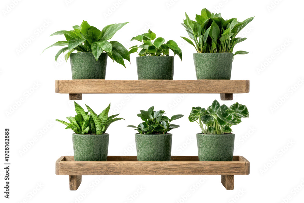 Obraz premium Indoor Greenery Display: An artful arrangement of vibrant green potted plants sits elegantly on a natural wooden shelf, evoking feelings of tranquility and freshness in a well-lit interior space.