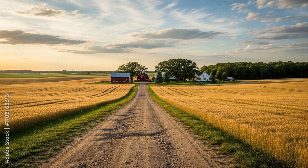 Obraz premium Golden Wheat Fields Stretch Towards a Remote Farmhouse Under a Vast Summer Sky