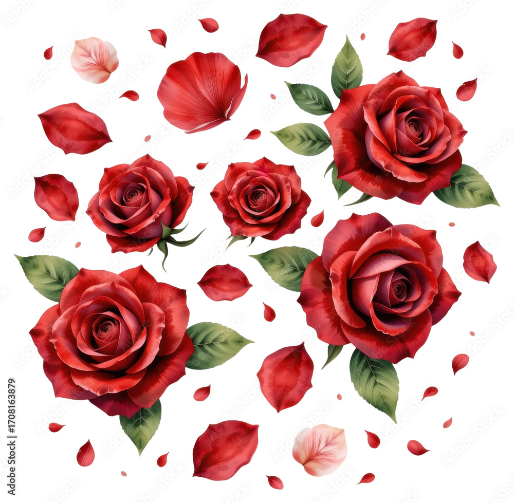Fototapeta premium Vibrant Red Roses with Falling Petals White Background
