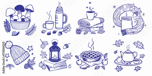 Cozy Autumn Vibes: Illustrations of Warmth with Mushrooms, Hot Drinks, and Comforting Elements for the Perfect Fall Ambiance