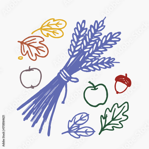 A Colorful Arrangement of Harvested Crops and Leaves in an Artistic Style Representing Nature's Bounty and Seasonal Abundance