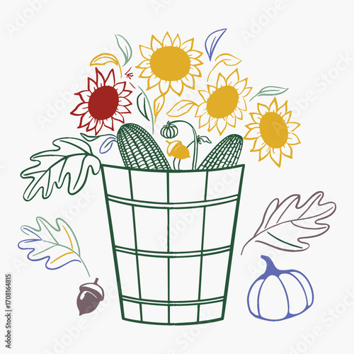 A Vibrant Display of Sunflowers and Autumn Harvest in a Charming Basket Illustration, Celebrating Seasonal Beauty and Nature's Bounty