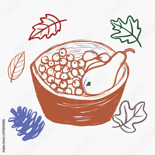 A Colorful Illustration of a Bowl Filled with Grapes and a Pear Surrounded by Autumn Leaves Evoking Seasonal Abundance and Freshness