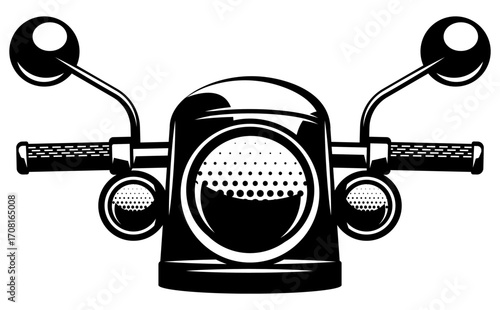 Motorcycle front view with handlebars mirrors and headlights in black monochrome silhouette style isolated on white background.
