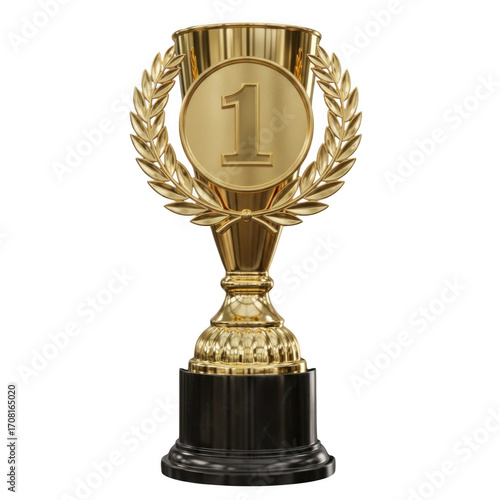Golden first place trophy with laurel wreath celebrating achievement and victory