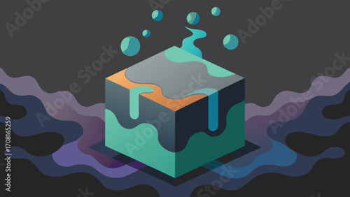 Isometric Cube with Dripping Liquid and Bubbles on Dark Background vector illustration