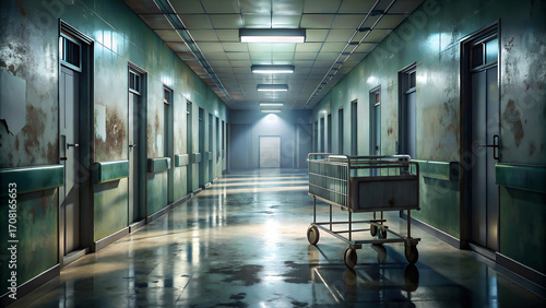 Eerie abandoned hospital hallway with gurney and dramatic lighting
