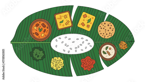 An illustrative top-down view of a traditional South Indian vegetarian thali served on a banana leaf, showcasing a complete and culturally rich culinary platter