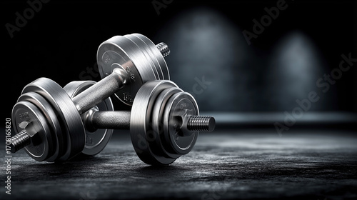 Wallpaper Mural Pair of chrome dumbbells resting in dark gym setting, strength training tools. AI generated Torontodigital.ca