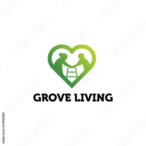 A compassionate design featuring two senior figures within a green heart, symbolizing love, support, and care for the elderly in a nursing home setting.