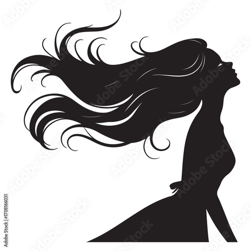 Silhouette of a woman with long flowing hair looking up, expressing freedom and beauty isolated on white background