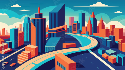 Vibrant aerial cityscape vector illustration with futuristic skyscrapers and roads
