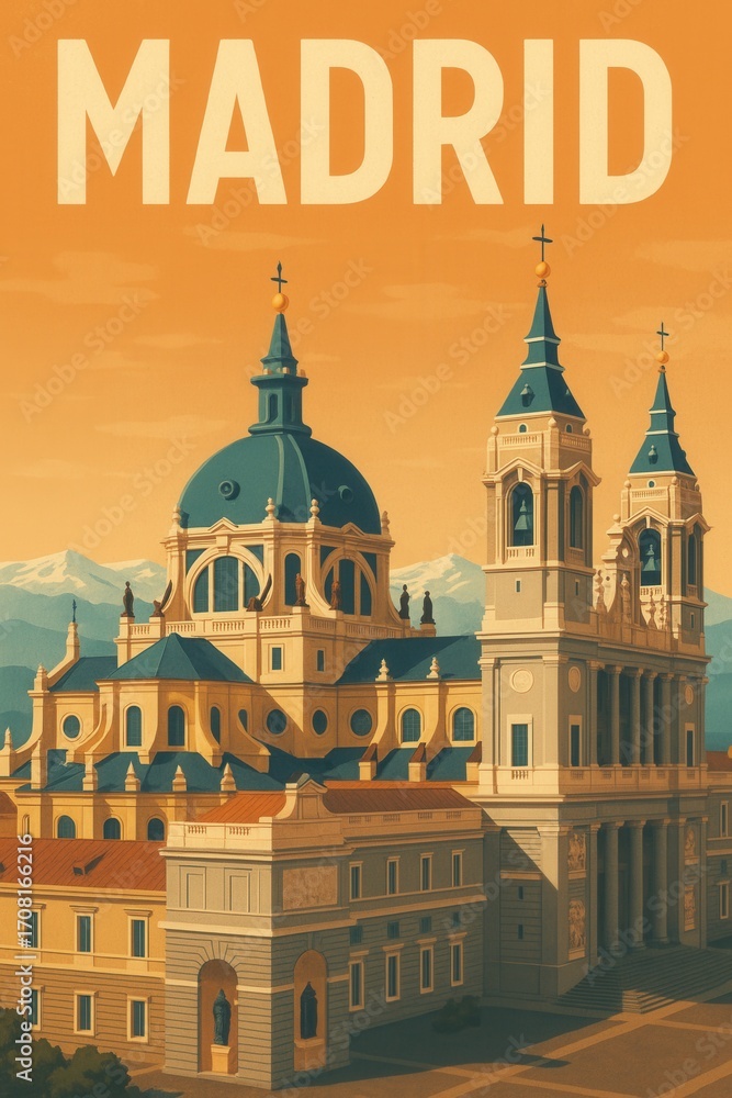 Fototapeta premium Illustration of Almudena Cathedral in Madrid Spain featuring blue domes and twin towers set against a backdrop of mountains and an orange-toned sky