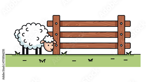 Cute Sheep by the Wooden Fence Farm Animal Illustration