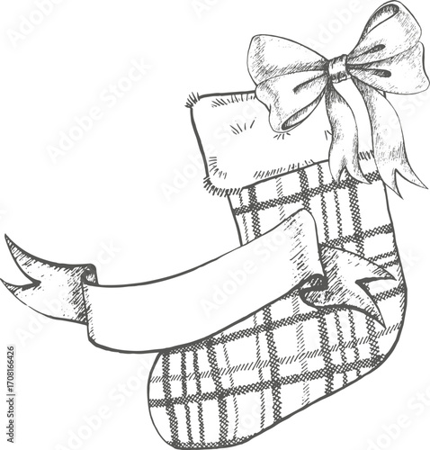 Christmas stocking with tied bow and ribbon template for text. Sock gift. Hand drawn Graphic illustration for New Year decoration, greeting card, packaging, sticker packaging, sublimation. Vector