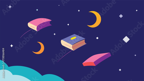Dreamlike night sky floating books vector illustration astral study and imagination