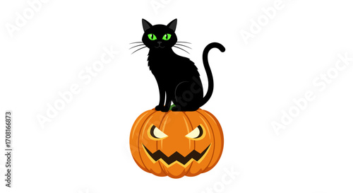 A black cat with green eyes sits on a carved pumpkin