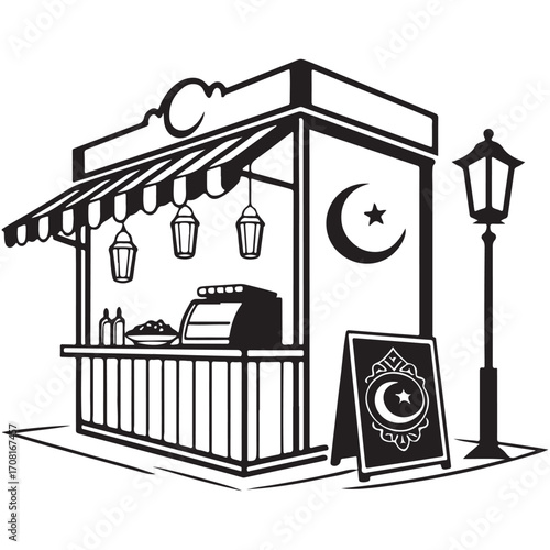 Illustration of a ramadan food stall isolated on white background, featuring a crescent moon and star symbol and traditional lanterns