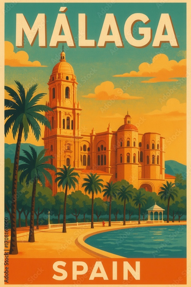 Obraz premium Stylized sunset artwork of Málaga in southern Spain with the cathedral, palm-lined promenade, and oceanfront view under a colorful sky with warm hues