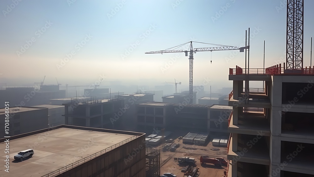 Naklejka premium Aerial view of a construction site with concrete structures and distant crane in morning mist.