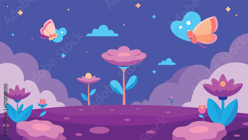 Dreamy magical garden vector illustration with floating flowers and butterflies enchanting ambiance