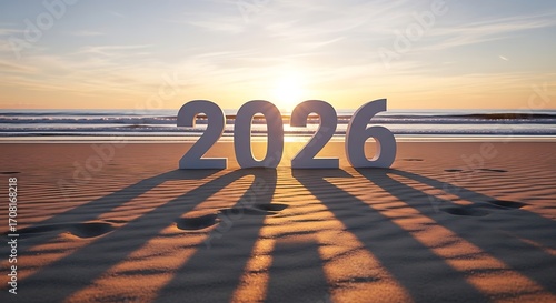 The year 2026 arrives on a sandy beach at sunrise, casting long shadows