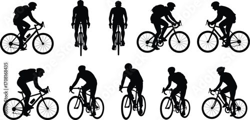Cyclist Silhouettes in Multiple Angles Riding Road Bikes with Helmets and Backpacks – Racing Postures, Motion, and Athlete Diversity Vector Art
