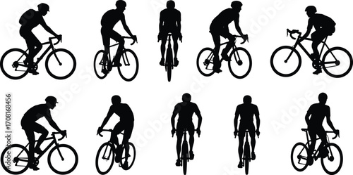 Cyclist Silhouettes in Various Angles Riding Road Bikes with Helmets – Racing Postures, Motion, and Athlete Diversity Vector Illustration