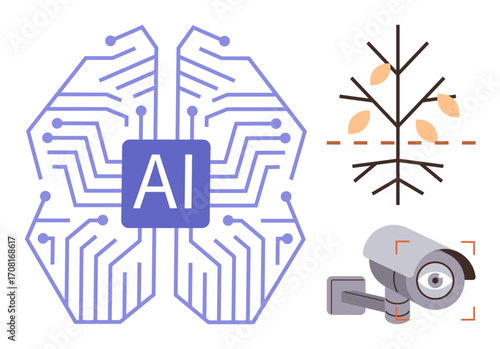 AI chip integrated into brain structure, tree assessment with cut markings, and security camera scanning area. Ideal for AI, automation, surveillance, environmental tech, innovation, neural networks